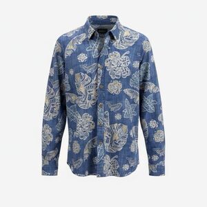 Blue Tropical Leaf Hawaiian Shirt Men’s Long Sleeve Aloha Button up Resort